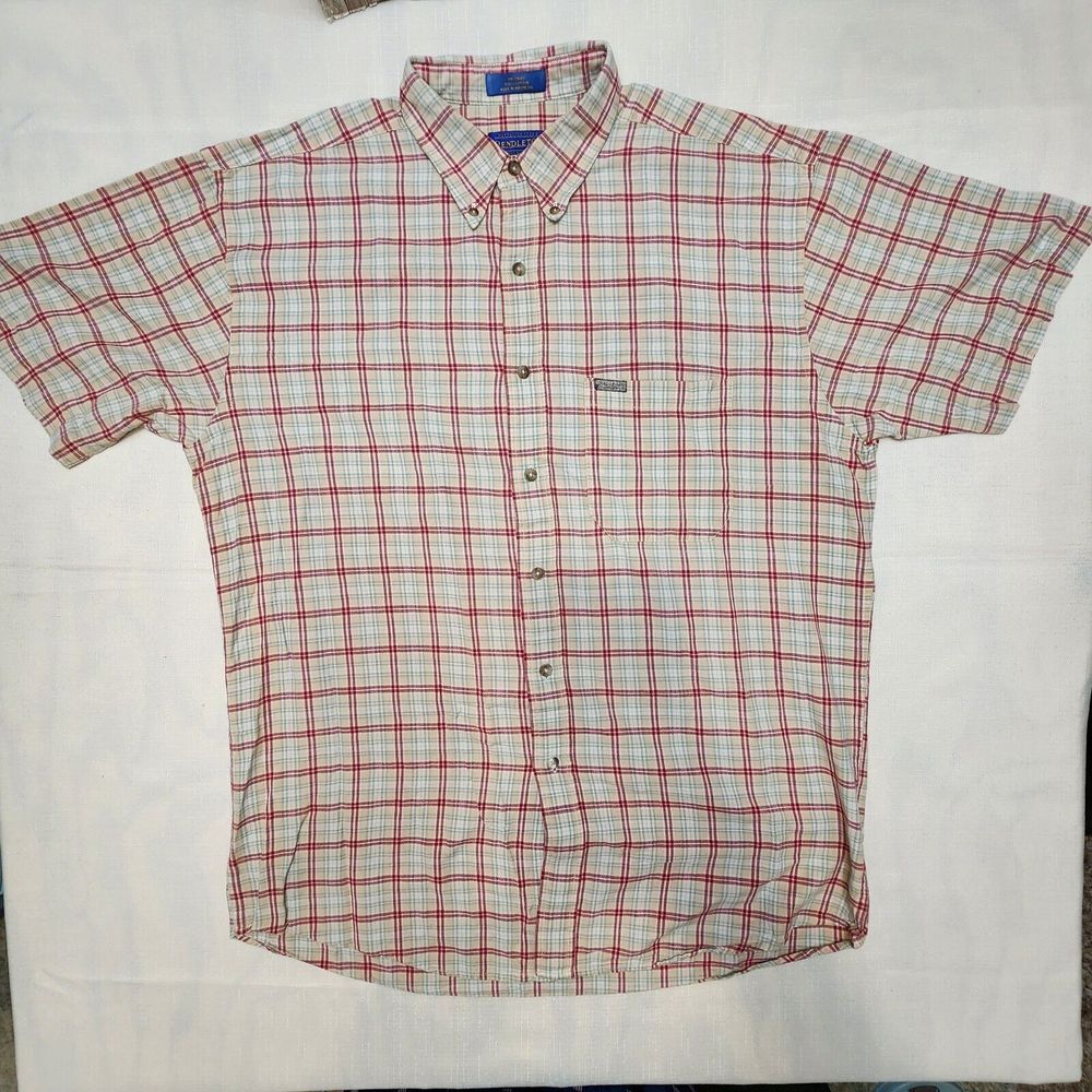 Vintage Pendleton Shirt Mens L Button Short Sleeve Tan Red Plaid‎ Light Cotton - Picture 2 of 8